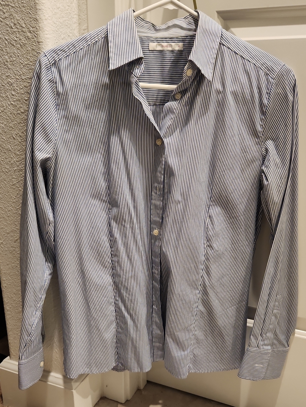 Uniqlo. Women's Blue and White Pinstripe Dress Shirt
